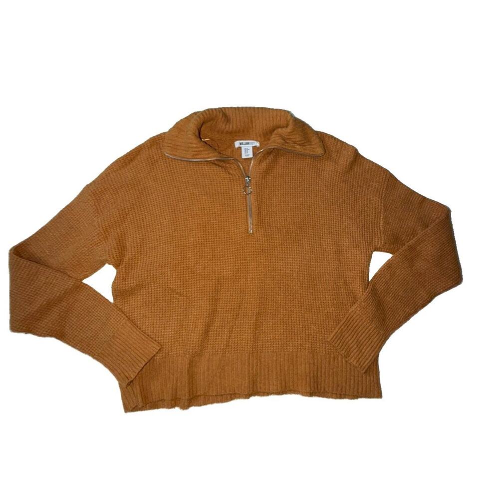 William Rast Burnt Orange Rust Waffle Knit Quarter-Zip Cropped Sweater Medium